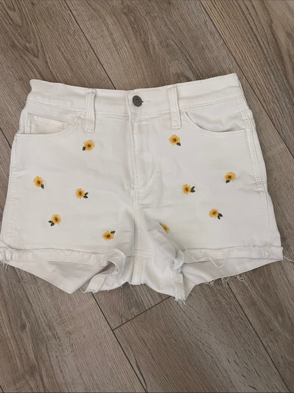 Hollister White Denim Shorts with Yellow Sunflower Embroidery